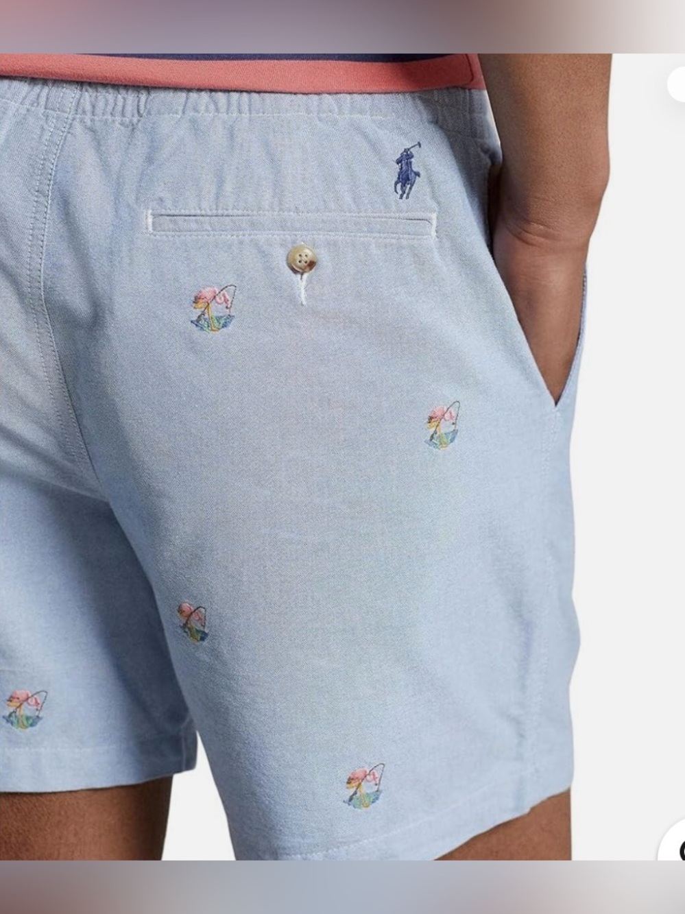 Ralph Lauren Light Blue Embroidered Beach Shorts with Coral Waistband Size Small